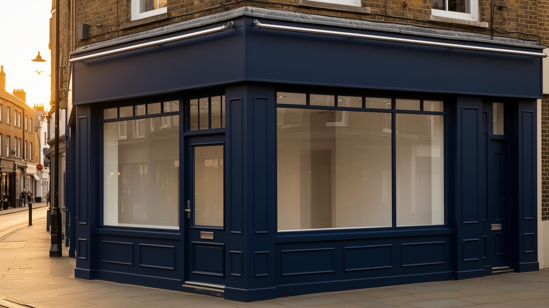 Resprayed retail shop front in deep matte navy